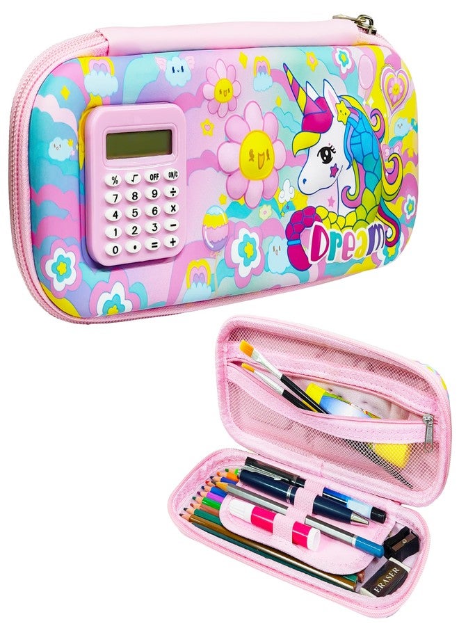 VGRASSP Stationery Pencil Pouch for Kids with Mini Calculator - Unicorn Theme Zipper Case with Multi Storage Compartments - School Supplies Organizer - Multicolor - Image 1
